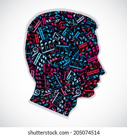 Bright expressive silhouette of a head filled with musical notes and symbols on white background with outline.