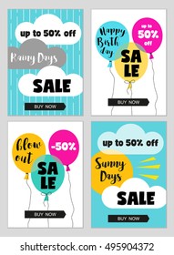 Bright eye catching sale website posters in flat design style. Vector illustrations for social media banners, smart phone or tablet posters, email and newsletter designs, cell phone ads, promotion.