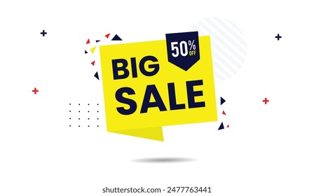 Bright and eye-catching Big Sale 50% Off banner template design in yellow, perfect for grabbing attention and boosting sales.