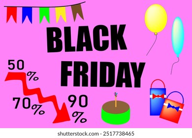 A bright, eye-catching Black Friday sale banner indicating various percentage discounts. A big promotional discount. The concept of a major sale.Advertising flyer. Special offer. Discounts.Vector. 