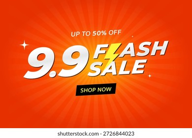Diseño de Anuncio de Vector de venta flash brillante y llamativo con un texto audaz de "9.9 Flash Sale" con un ícono de relámpago. El fondo utiliza un patrón radial de explosión de sol naranja energético para crear una fuerte sensación de urgencia y emoción. Perfecto para promociones de comercio electrónico, eventos de compras en línea, campañas de descuento, ventas de temporada y anuncios de marketing. Ilustración vectorial limpia, moderna y totalmente editable apta para Anuncios de Web, carteles, anuncios en redes sociales y Materiales promocionales.