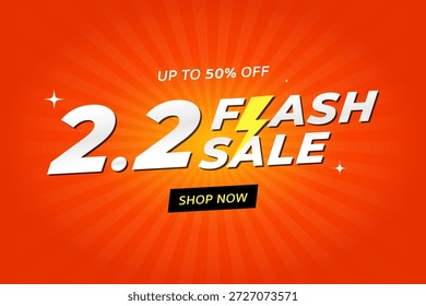 Diseño de Anuncio de Vector de venta flash brillante y llamativo con un texto audaz de "2.2 Flash Sale" con un ícono de relámpago. El fondo utiliza un patrón radial de explosión de sol naranja energético para crear una fuerte sensación de urgencia y emoción. Perfecto para promociones de comercio electrónico, eventos de compras en línea, campañas de descuento, ventas de temporada y anuncios de marketing. Ilustración vectorial limpia, moderna y totalmente editable apta para Anuncios de Web, carteles, anuncios en redes sociales y Materiales promocionales.