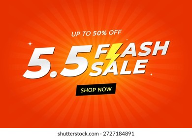 Diseño de Anuncio de Vector de venta flash brillante y llamativo con un texto audaz de "5.5 Flash Sale" con un ícono de relámpago. El fondo utiliza un patrón radial de explosión de sol naranja energético para crear una fuerte sensación de urgencia y emoción. Perfecto para promociones de comercio electrónico, eventos de compras en línea, campañas de descuento, ventas de temporada y anuncios de marketing. Ilustración vectorial limpia, moderna y totalmente editable apta para Anuncios de Web, carteles, anuncios en redes sociales y Materiales promocionales.