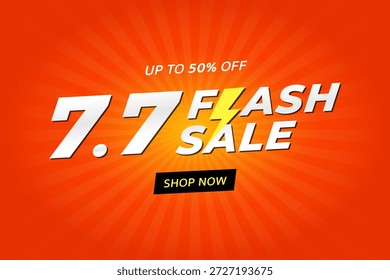 Brilhante e atraente flash venda vetor banner design com um negrito "7.7 Flash venda" texto com um ícone de raio. O fundo usa um padrão radial de explosão solar laranja energética para criar um forte senso de urgência e emoção. Perfeito para promoções de e-commerce, eventos de compras on-line, campanhas de desconto, vendas sazonais e anúncios de marketing. Ilustração vetorial limpa, moderna e totalmente editável, adequada para banners da Web, cartazes, anúncios de mídia social e materiais promocionais.