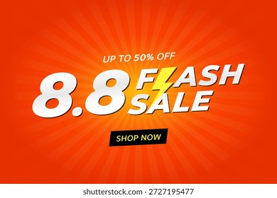 Diseño de Anuncio de Vector de venta flash brillante y llamativo con un texto audaz de "8.8 Flash Sale" con un ícono de relámpago. El fondo utiliza un patrón radial de explosión de sol naranja energético para crear una fuerte sensación de urgencia y emoción. Perfecto para promociones de comercio electrónico, eventos de compras en línea, campañas de descuento, ventas de temporada y anuncios de marketing. Ilustración vectorial limpia, moderna y totalmente editable apta para Anuncios de Web, carteles, anuncios en redes sociales y Materiales promocionales.