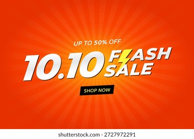 Diseño de Anuncio de Vector de venta flash brillante y llamativo con un texto audaz de "10.10 Flash Sale" con un ícono de relámpago. El fondo utiliza un patrón radial de explosión de sol naranja energético para crear una fuerte sensación de urgencia y emoción. Perfecto para promociones de comercio electrónico, eventos de compras en línea, campañas de descuento, ventas de temporada y anuncios de marketing. Ilustración vectorial limpia, moderna y totalmente editable apta para Anuncios de Web, carteles, anuncios en redes sociales y Materiales promocionales.
