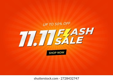 Diseño de Anuncio de Vector de venta flash brillante y llamativo con un texto audaz de "11.11 Flash Sale" con un ícono de relámpago. El fondo utiliza un patrón radial de explosión de sol naranja energético para crear una fuerte sensación de urgencia y emoción. Perfecto para promociones de comercio electrónico, eventos de compras en línea, campañas de descuento, ventas de temporada y anuncios de marketing. Ilustración vectorial limpia, moderna y totalmente editable apta para Anuncios de Web, carteles, anuncios en redes sociales y Materiales promocionales.