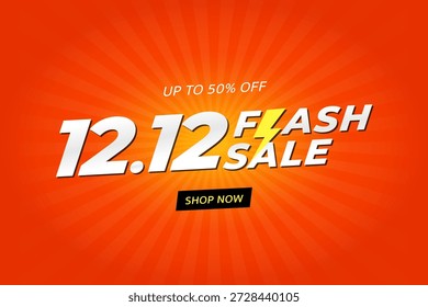 Diseño de Anuncio de Vector de venta flash brillante y llamativo con un texto audaz de "12.12 Flash Sale" con un ícono de relámpago. El fondo utiliza un patrón radial de explosión de sol naranja energético para crear una fuerte sensación de urgencia y emoción. Perfecto para promociones de comercio electrónico, eventos de compras en línea, campañas de descuento, ventas de temporada y anuncios de marketing. Ilustración vectorial limpia, moderna y totalmente editable apta para Anuncios de Web, carteles, anuncios en redes sociales y Materiales promocionales.