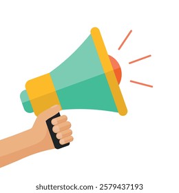 Bright and eye-catching megaphone illustration, Vivid graphic perfect for ads, marketing materials. hand with loudspeaker in hand commitment megaphone on white background