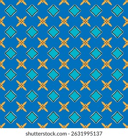 A bright and eye-catching seamless pattern on a blue background with repeating geometric shapes and floral motifs. This pattern is ideal for fabric design, wallpaper, packaging, digital backgrounds an