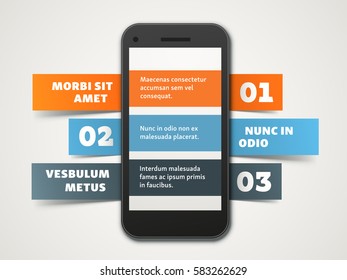 Bright eye-catching vector infographic template. Numbered list with a smartphone and ribbons. Three colorful placeholders with numbers, headers and copyspaces.