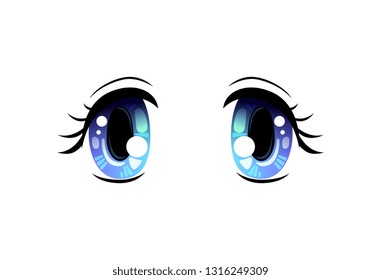 Bright Eyes, Blue Beautiful Eyes with Light Reflections Manga Japanese Style Vector Illustration