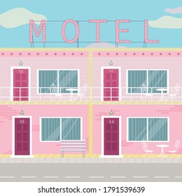 The bright facade of the Motel. Flat style, retro style. Tourism concept