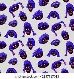 Patrón de rostro brillante. Retratos de personas al estilo de las caricaturas. Textura en estilo doodle. Rosa, azul, gris y morado. Imprimir para impresión y decoración.