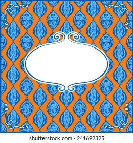 Bright fairy abstract background with empty frame for text on ornamental pattern in blue and orange colors. Card or invitation. Vector