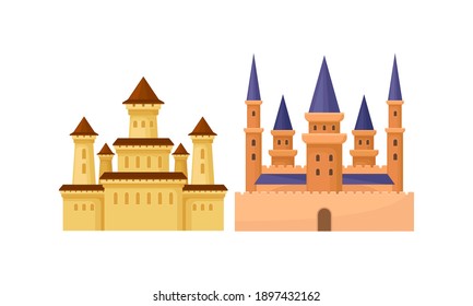 Bright Fairy Castles as Fortified Middle Age Stone Structure Vector Set