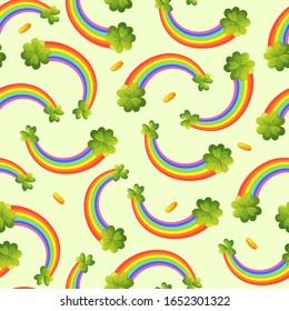 Bright fairy rainbows with lucky green shamrocks. Vector seamless pattern for Saint Patrick's Day holiday design.