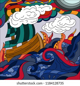 A bright fairy-tale abstraction of a sea adventure doodling.