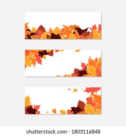 Bright fall autumn leaves set of three vector banners. Colorful vector illustration with red, orange, brown and yellow leaves isolated on white background.