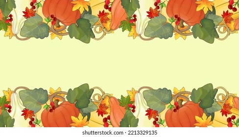 Bright fall border pattern with maple leaves, berries and pumpkin.Thanksgiving holiday autumn design.