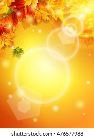 Bright fall poster with warm sunshine, autumn maple leaves, the effect of the sun glow. Vector illustration.