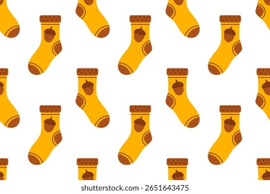 Bright fall seamless pattern featuring yellow socks with acorn decorations