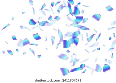 Bright falling confetti scatter vector background. Blue  hologram elements fiesta decor. Surprise burst flying confetti. Holiday celebration decor illustration. Gift streamers.