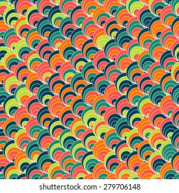Bright fan background. Based on Traditional Japanese Embroidery. Abstract Seamless pattern. Based on Sashiko stitching. Red green and orange backdrop. For decoration or printing on fabric.