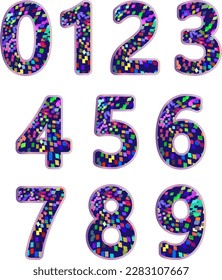 bright fancy fancy numbers from zero to nine. 0 1 2 3 4 5 6 7 8 9. blue gaudy mottled signs with beautiful multicolored square elements and purple gradient outline. isolated on white. set. collection.