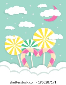 Bright and fantastic background with clouds and sweets. Vector image