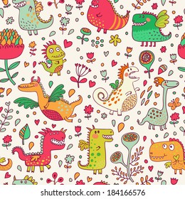 Bright fantastic background with flowers and cute dragons. Seamless pattern can be used for wallpapers, pattern fills, web page backgrounds,surface textures.