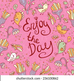 Bright fantastic background with flowers and space birds. Greeting card.