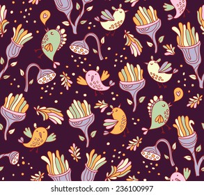 Bright fantastic background with flowers and space birds. Seamless pattern can be used for wallpapers, pattern fills, web page backgrounds,textile. 