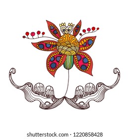 Bright fantastic flower in ethnic style drawn by hand. Can be used as a print for a t-shirt, or for a postcard.