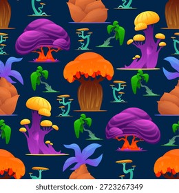 Árboles fantásticos brillantes sin patrón. Plantas de cuento de hadas sobre fondo oscuro. Verdor extraterrestre. Color hojas inusuales. Jardín místico. Fabuloso ambiente. Arbusto mágico. Fondo de pantalla botánico del Vector