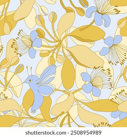 Bright fantasy flowers and Hawk Moth hand drawn vector seamless pattern. Vintage Romantic Bloom design. Floral print for fabric, scrapbook, wrapping paper, card making.