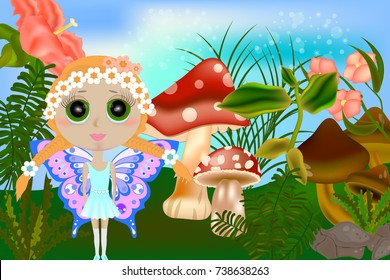 Bright fantasy illustration - a small fairy and mushrooms. Fantasy landscape with mushrooms and flowers