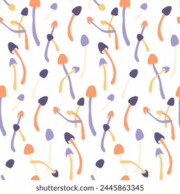 Bright fantasy mushrooms seamless pattern. Bright color print on a white background.