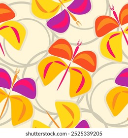 Bright fantasy purple seamless pattern with light multi-colored butterflies on the background of the starry sky.  Seamless pattern of colorful butterfly on a white background.