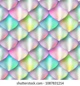 Bright Fantasy Scale Vector Background. Mermaid Skin Texture Seamless Pattern.  Rainbow Dragon Scales Design.