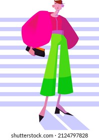 Bright fashion illustration poster. Abstract female silhouette in a pink blouse, green flared trousers with a clutch. Stylish image for advertising, packaging, needlework, design.