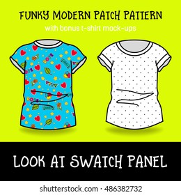 Bright Fashion Pins And Patches Seamless Vector Pattern On A T-shirt Mockup