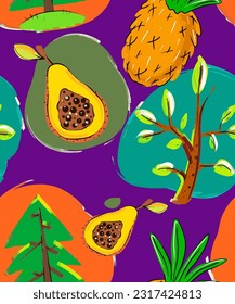 Bright fashionable multicolor pattern with abstract drawings and fruits on a summer theme. Fashionable print, texture, background