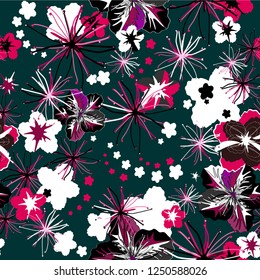 bright, fashionable, pattern with flowers. Seamless vector. A lot of fantastic flowers drawn in pink, white, black and burgundy colours on a dark green background. For fabrics, wallpaper