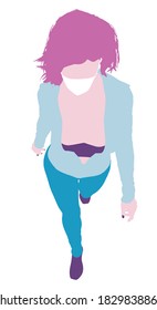 Bright fashionable woman in medical mask top view. Vector flat design