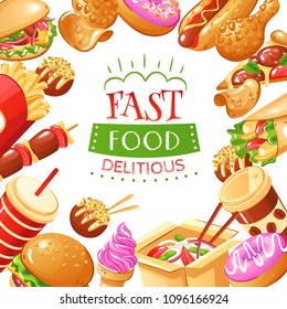 Bright fast food poster with burgers hot dogs drinks french fries pizza and desserts flat vector illustration