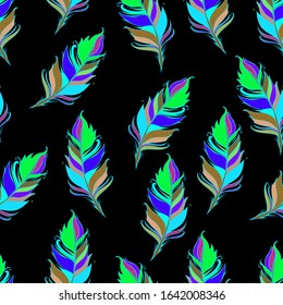 Bright feather print. Black background. Summer Seamless pattern. Colorful Vector illustration. 