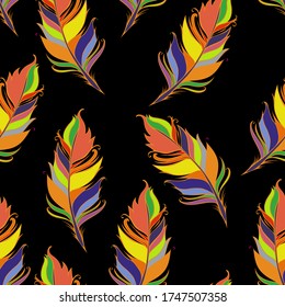 Bright feather print. Black background. Summer Seamless pattern. Colorful Vector illustration. 