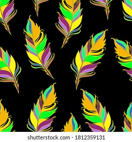 Bright feather print. Black background. Summer Seamless pattern. Colorful Vector illustration