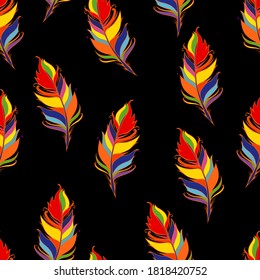Bright feather print. Black background. Summer Seamless pattern. Colorful Vector illustration